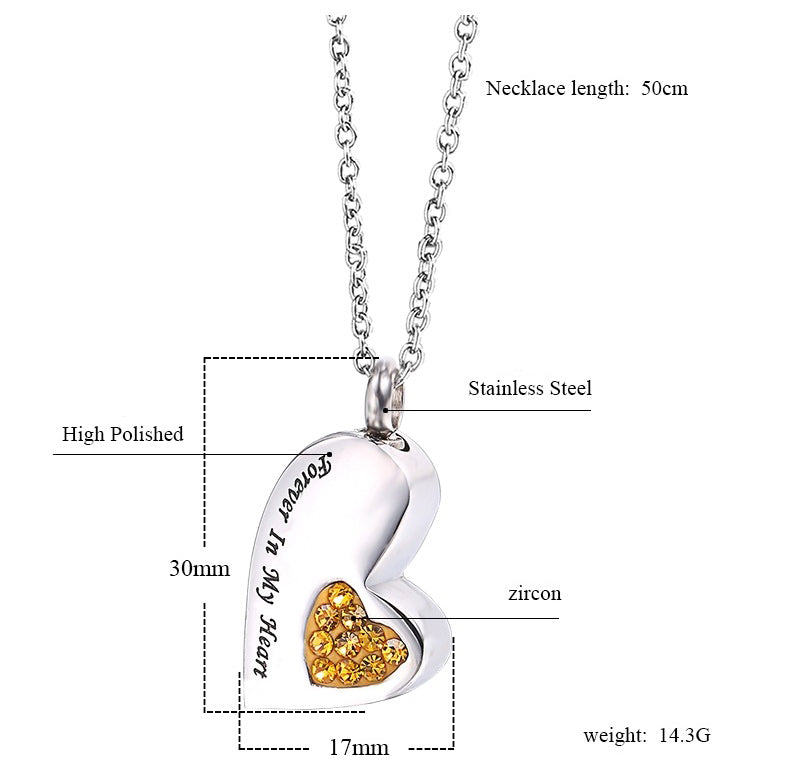 Forever in My Heart Text Heart Urn Necklace Set with Diamonds | Diamonds Heart Locket for Ashes