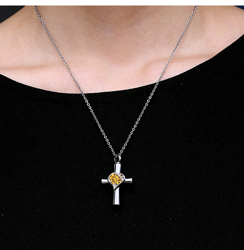 Cremation Cross Necklace Set with Heart Zircon Diamonds | Zircon Cremation Cross Necklace