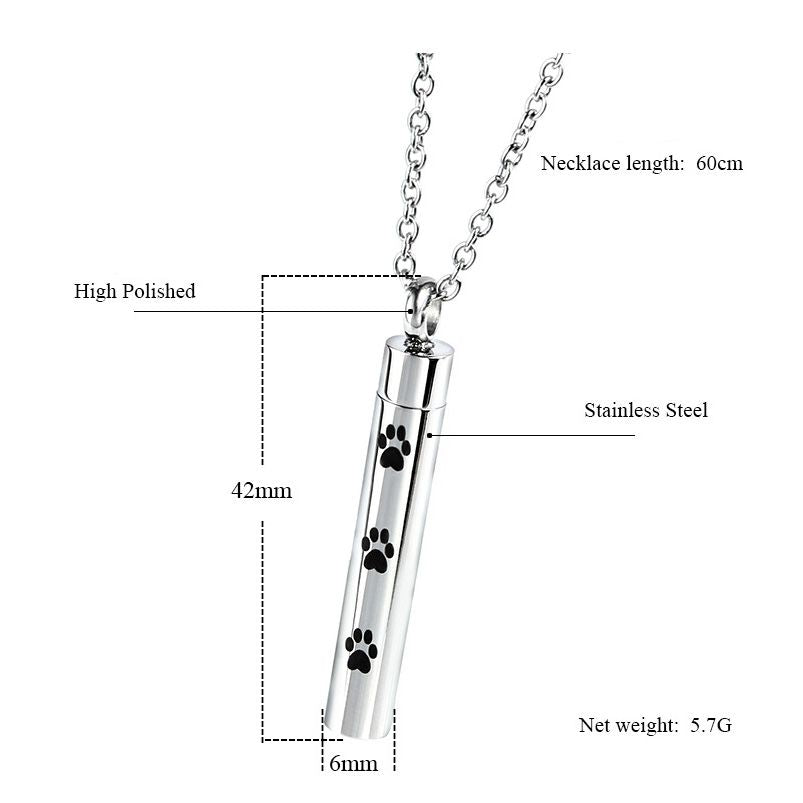 Smooth Cylinder Shaped Pet Paw Print Urn Necklace | Pet Paw Ashes Necklace