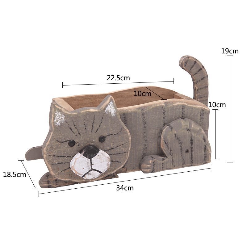 Vintage Solid Wood Cat Planter | Wooden Cat Planter