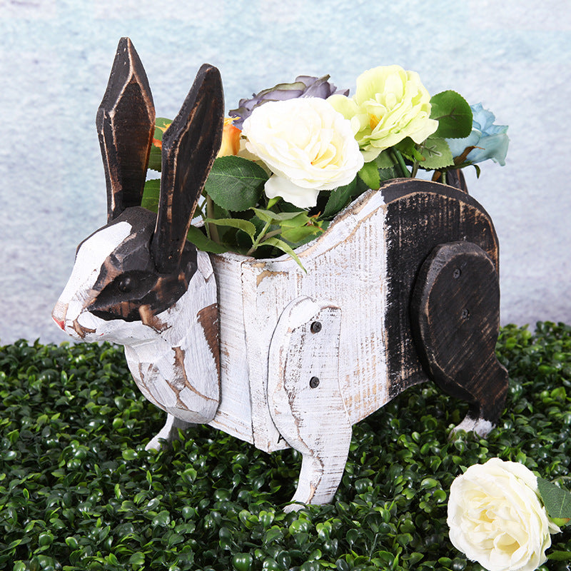 Vintage Solid Wood Rabbit Planter | Wooden Rabbit Planter