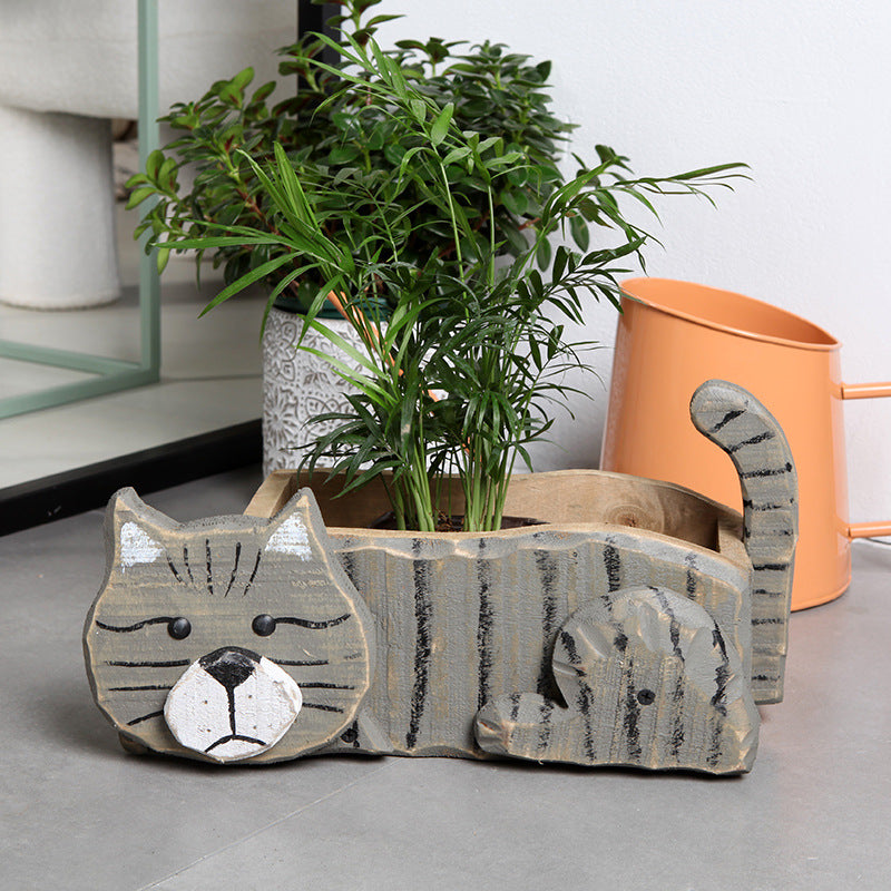 Vintage Solid Wood Cat Planter | Wooden Cat Planter