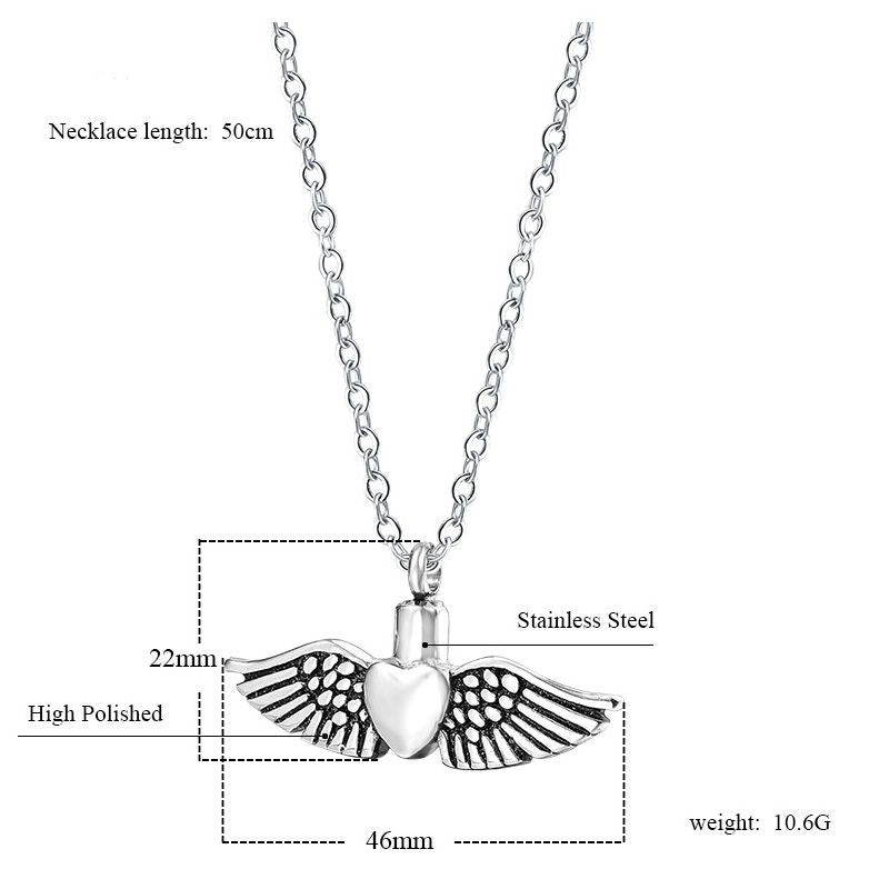 Silver Heart Ashes Necklace with Angel Wings | Heart Wings Ash Pendant