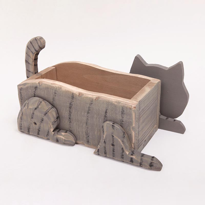 Vintage Solid Wood Cat Planter | Wooden Cat Planter