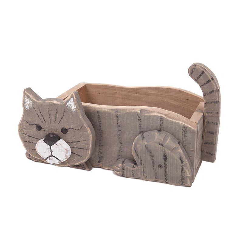 Vintage Solid Wood Cat Planter | Wooden Cat Planter