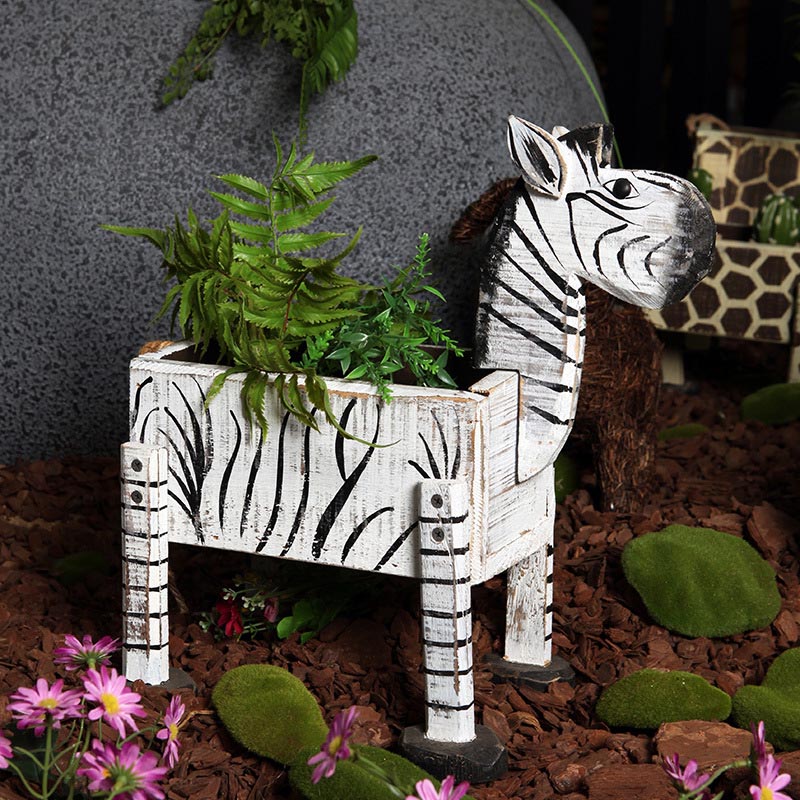 Wood Zebra Planter | Wooden Zebra Flowerpot