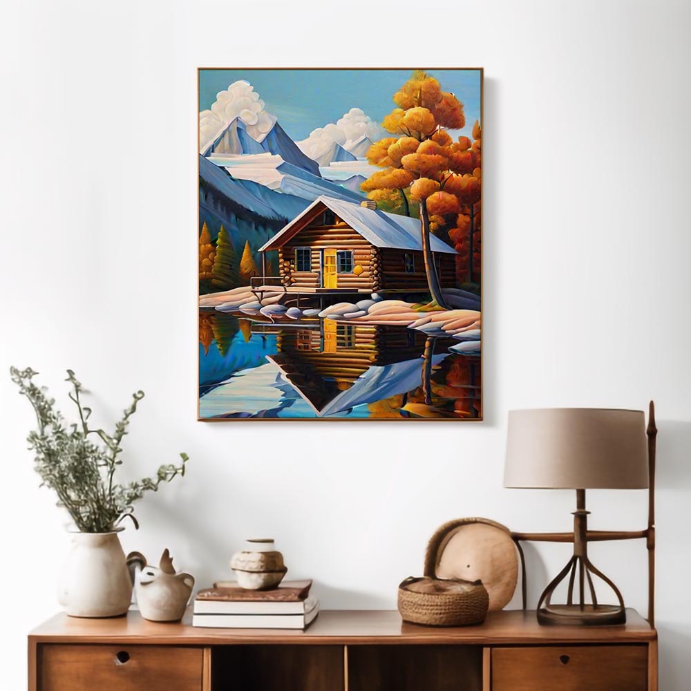 Scenic Fall Artwork Autumn Cabin Canvas Painting