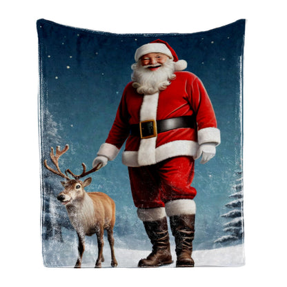 Cozy Santa and Reindeer Flannel Fleece Blanket