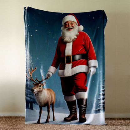 Cozy Santa and Reindeer Flannel Fleece Blanket