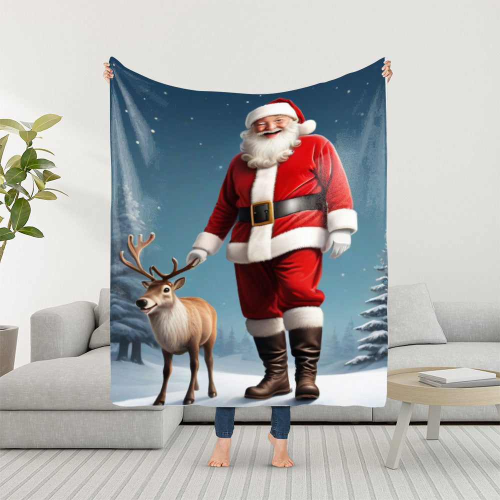 Cozy Santa and Reindeer Flannel Fleece Blanket