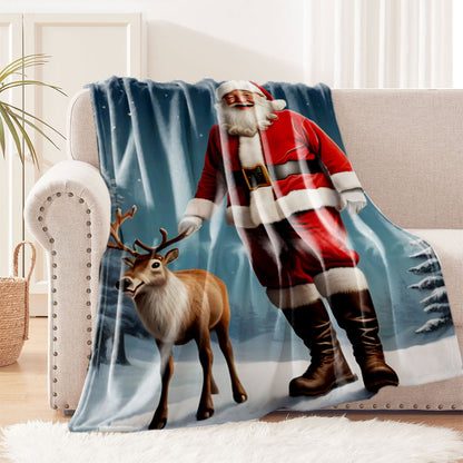 Cozy Santa and Reindeer Flannel Fleece Blanket