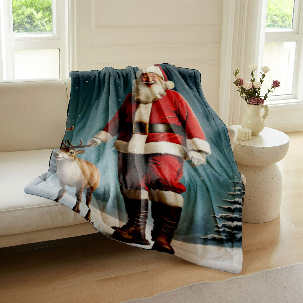 Cozy Santa and Reindeer Flannel Fleece Blanket