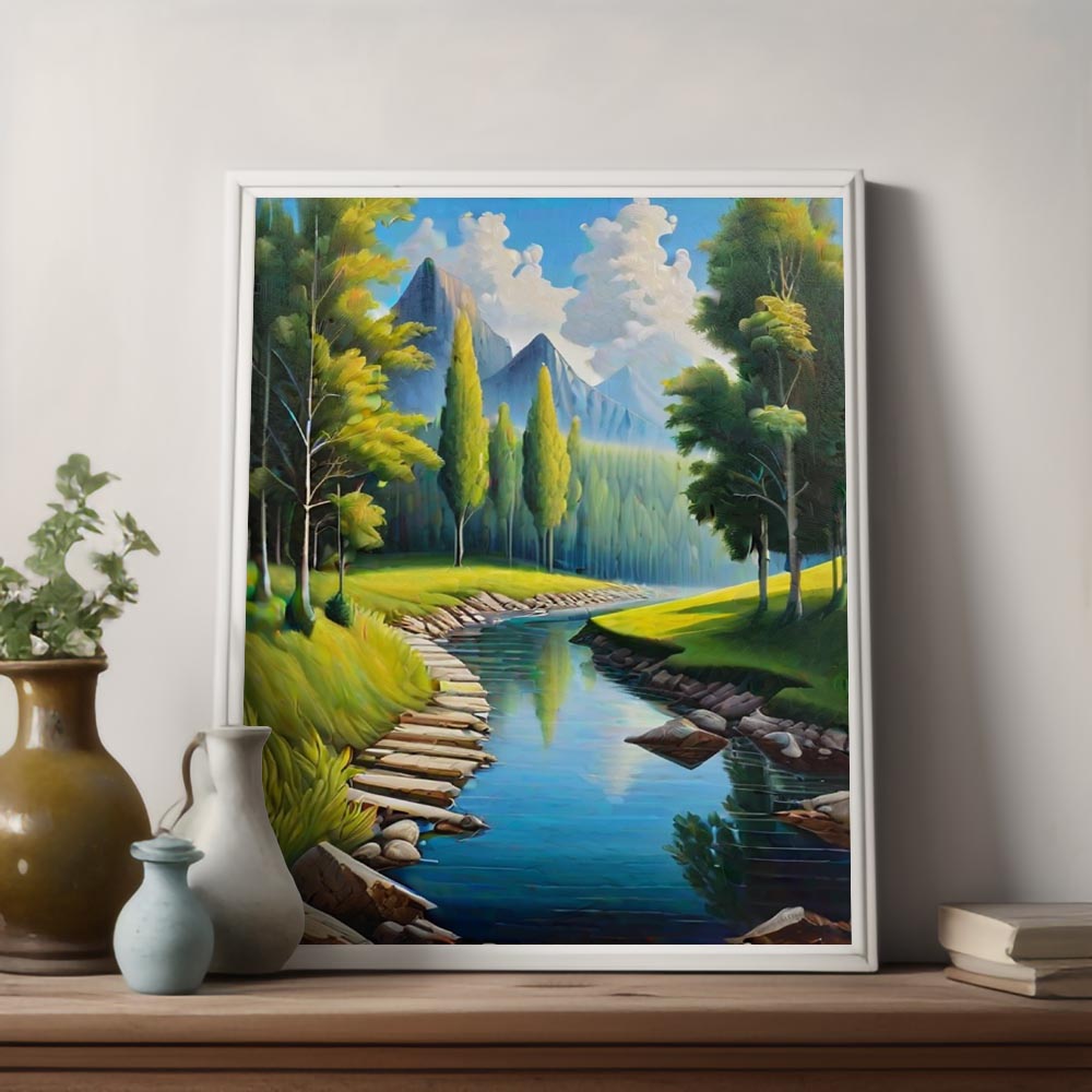 Forest Mountain Stream Canvas Painting