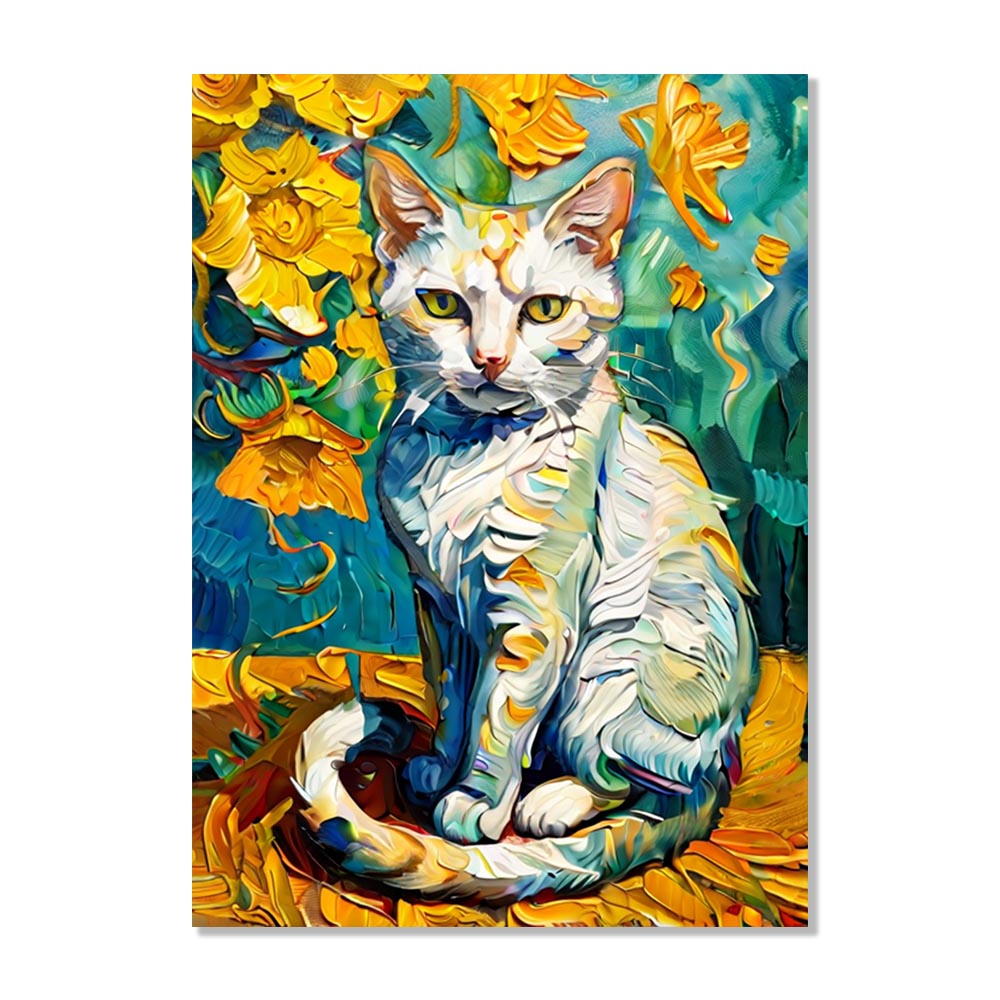 Van Gogh Style White Cat Canvas Painting