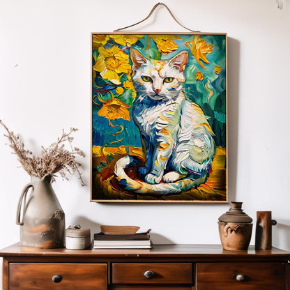 Van Gogh Style White Cat Canvas Painting