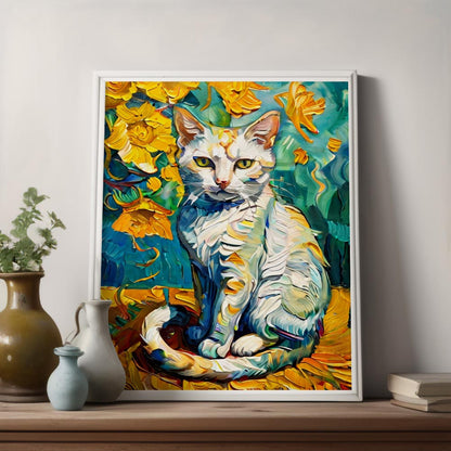 Van Gogh Style White Cat Canvas Painting