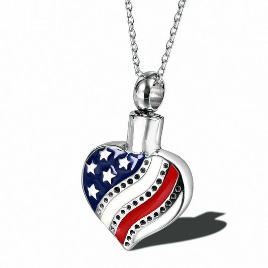 Flag of The United States Heart Urn Necklace for Ashes | Usa Flag Heart Ashes Necklace