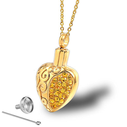 Cremation Necklace Heart High Polished Spiral Design with Diamonds | Cremation Necklace Heart with Diamonds