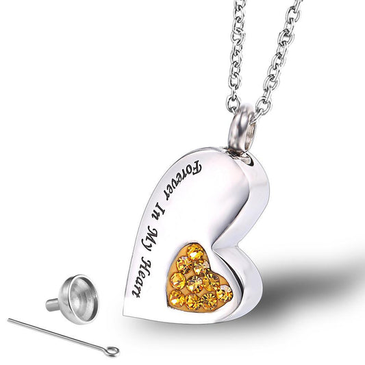Forever in My Heart Text Heart Urn Necklace Set with Diamonds | Diamonds Heart Locket for Ashes