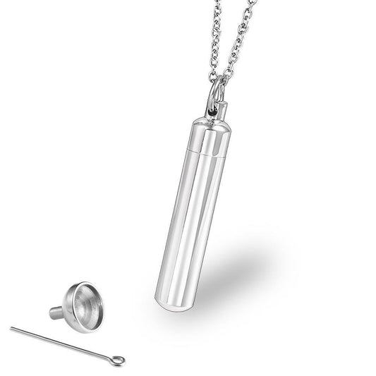 Titanium Steel Original Color Smooth Cylinder Urn Necklace | Cylinder Urn Pendants