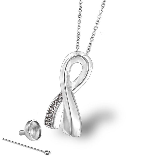 Silver Aids Awareness Ribbon Ashes Necklace with Zircon | Aids Ribbon with Zircon Cremation Necklace