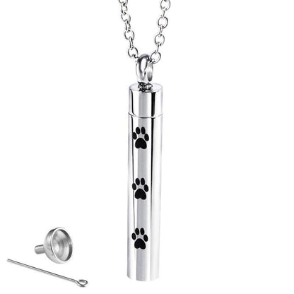 Smooth Cylinder Shaped Pet Paw Print Urn Necklace | Pet Paw Ashes Necklace