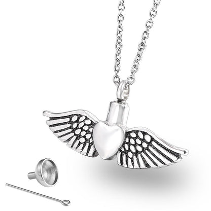 Silver Heart Ashes Necklace with Angel Wings | Heart Wings Ash Pendant