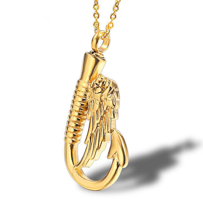 Wing Fish Hook Cremation Perfume Necklace | Wing Fish Hook Urn Necklace