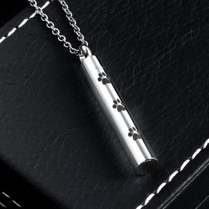 Smooth Cylinder Shaped Pet Paw Print Urn Necklace | Pet Paw Ashes Necklace