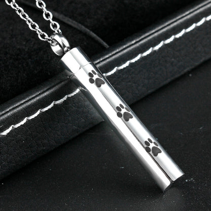 Smooth Cylinder Shaped Pet Paw Print Urn Necklace | Pet Paw Ashes Necklace