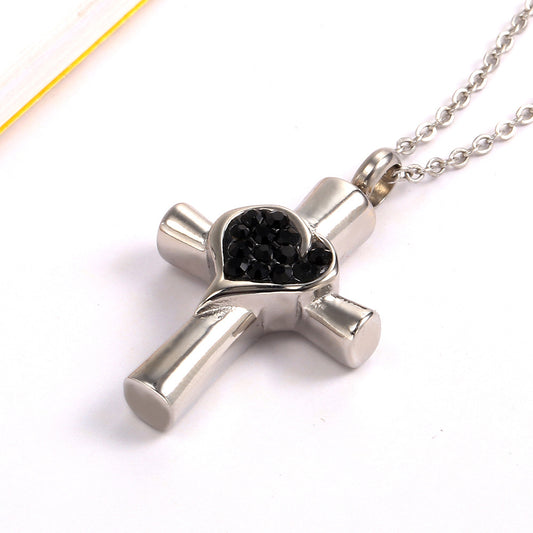 Cremation Cross Necklace Set with Heart Zircon Diamonds | Zircon Cremation Cross Necklace
