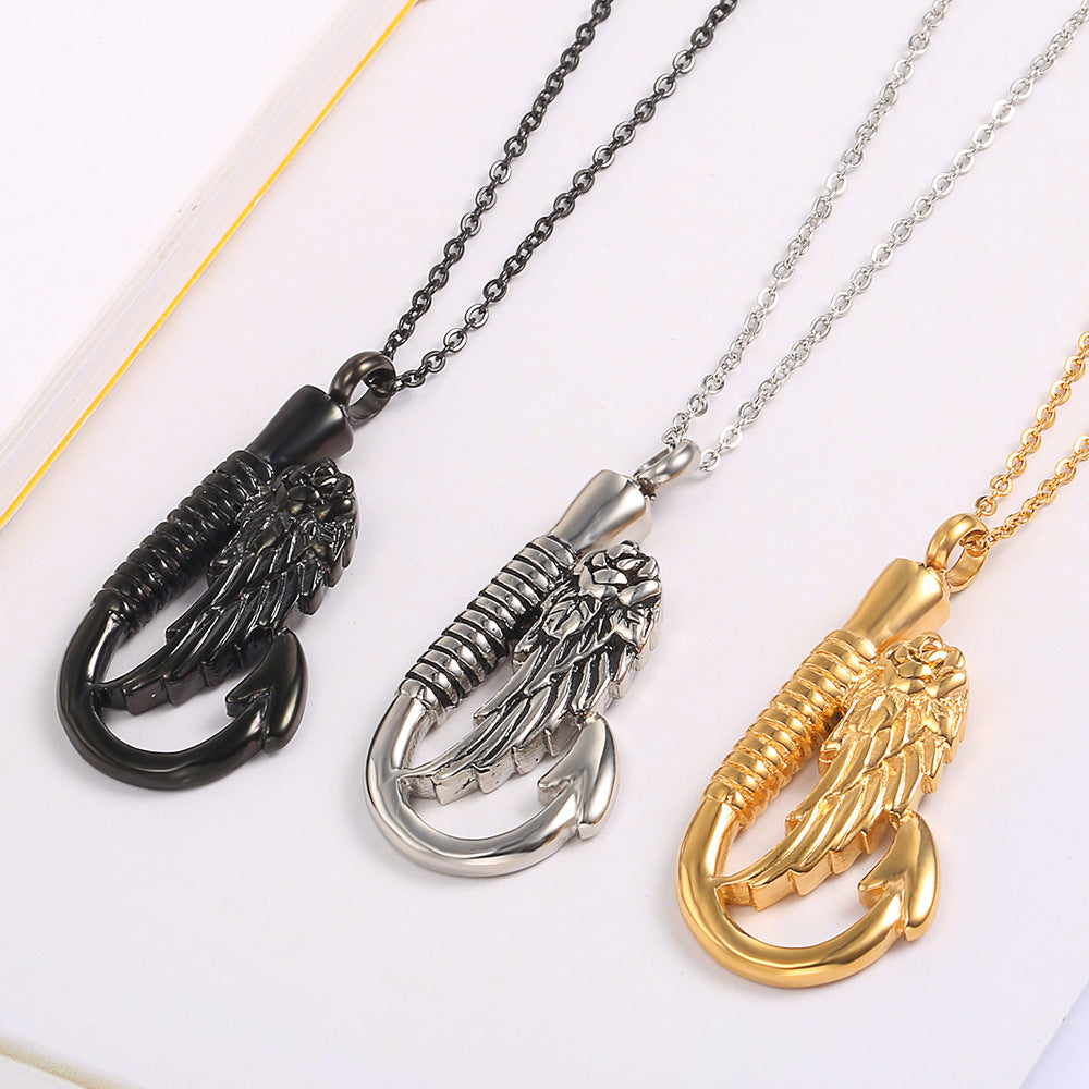 Wing Fish Hook Cremation Perfume Necklace | Wing Fish Hook Urn Necklace