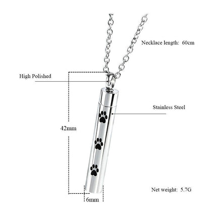Smooth Cylinder Shaped Pet Paw Print Urn Necklace | Pet Paw Ashes Necklace