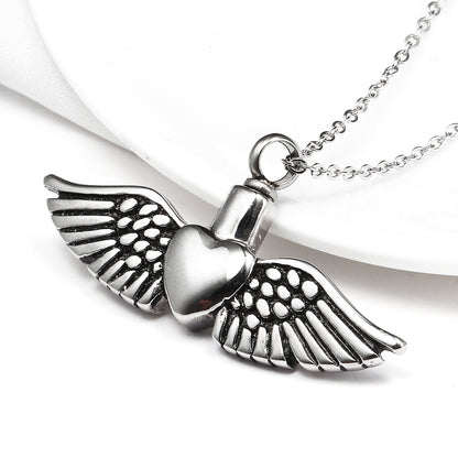 Silver Heart Ashes Necklace with Angel Wings | Heart Wings Ash Pendant