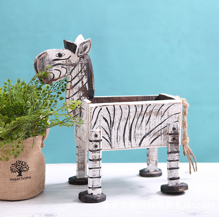Wood Zebra Planter | Wooden Zebra Flowerpot