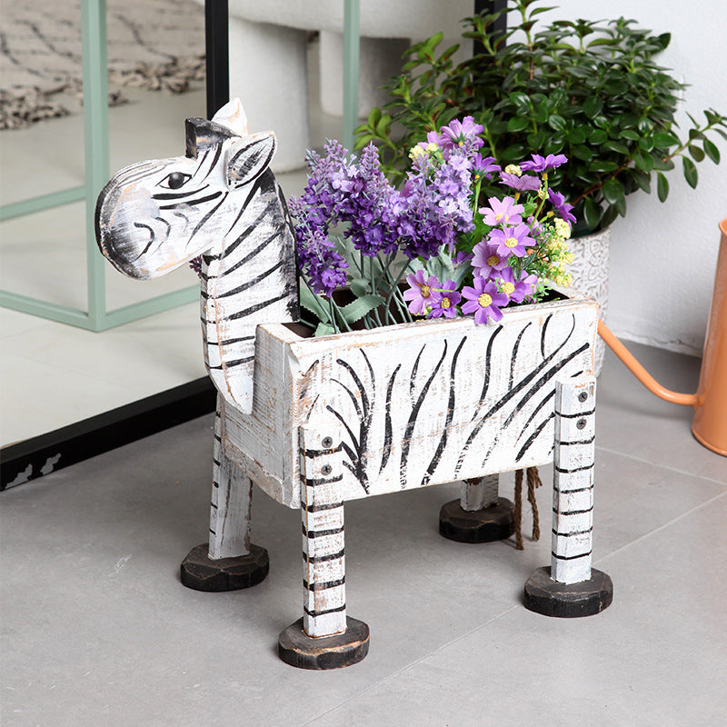 Wood Zebra Planter | Wooden Zebra Flowerpot