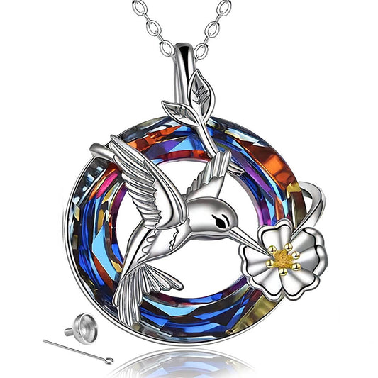 Hummingbird Urn Necklace with Colorful Valcano Crystal | Hummingbird Cremation Necklace